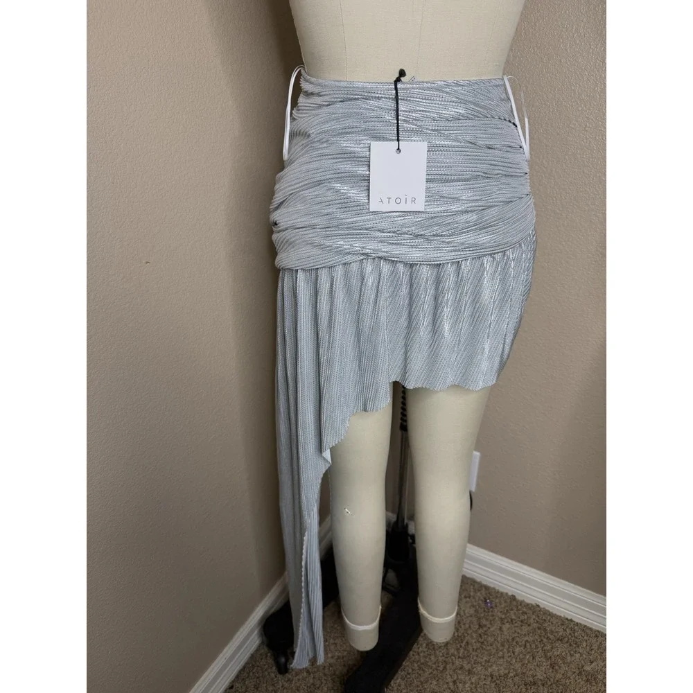 ATOIR Silver Metallic Pleated Asymmetric Mini Skirt XS NWT Ruched Party Festival